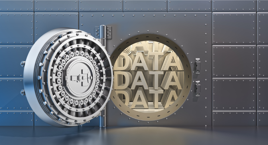 An open metal bank vault door revealing the word DATA repeated three times in gold lettering inside.